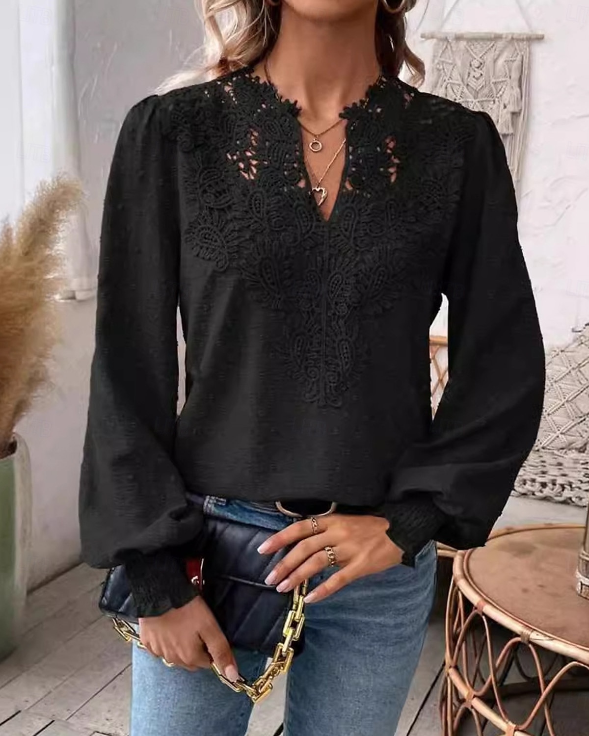 Women's Lace Shirt Stylish Lace Long Sleeve Regular Tops V Neck Work Black Fall Winter 2025 - $21.99 –P1