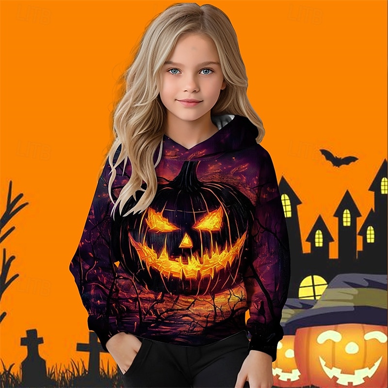 Halloween Voor meisjes 3D Grafisch Pompoen Trui met capuchon Lange mouw Herfst Winter Modieus Basic Polyester Kinderen 4-12 jaar Capuchon Buiten Casual Dagelijks Normale pasvorm 2025 - $16.99 –P2