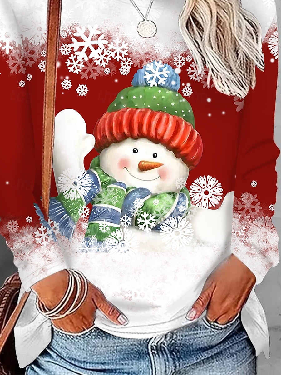 Frauen T-Shirt Urlaub Sweatshirt Langarm Schneemann Druck Farbe Block Rot Weiß Winter Party Lässiger Pullover Festliche Kleidung Apparel 2025 - $22.99 –P2