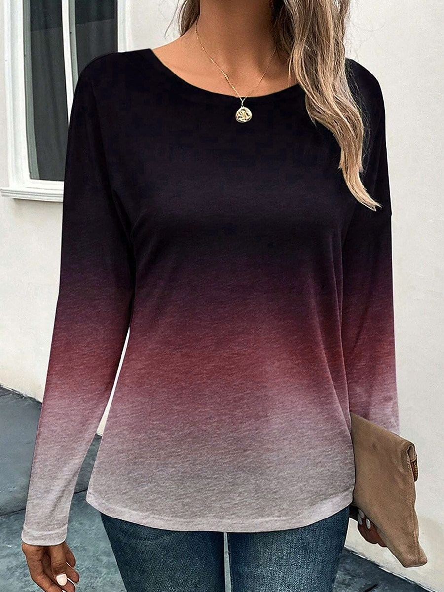 Dames T-shirt Kleurgradatie Modieus Casual Lange mouw Ronde hals Normale tops Dagelijks Weekend Afdrukken Rood blauw Paars Grijs Lente & Herfst 2025 - $23.99 -P6