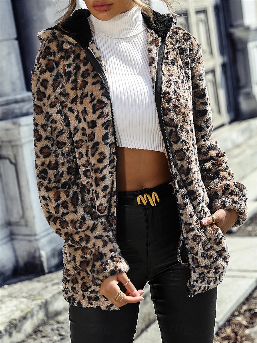 Dámské Fleecová bunda Teddy Coat Mikina s kapucí Zahřívací Prodyšné Zip Kapsy Podšité fleecem Na běžné nošení Leopard Dovolená ulice Denní nošení Jdeme ven Zip Standardní Mikina Běžný Dlouhý rukáv 2025 - $47.99 –P3