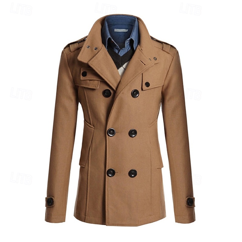 Pánské Polní kabát Peacoat Trenčkot Denní Dovolená Podzim zima Polyester Zahřívací Svrchní oděvy Oblečení Módní Klasické Bez vzoru Kapsy Stojáček Dvouřadé 2025 - $49.99 –P2