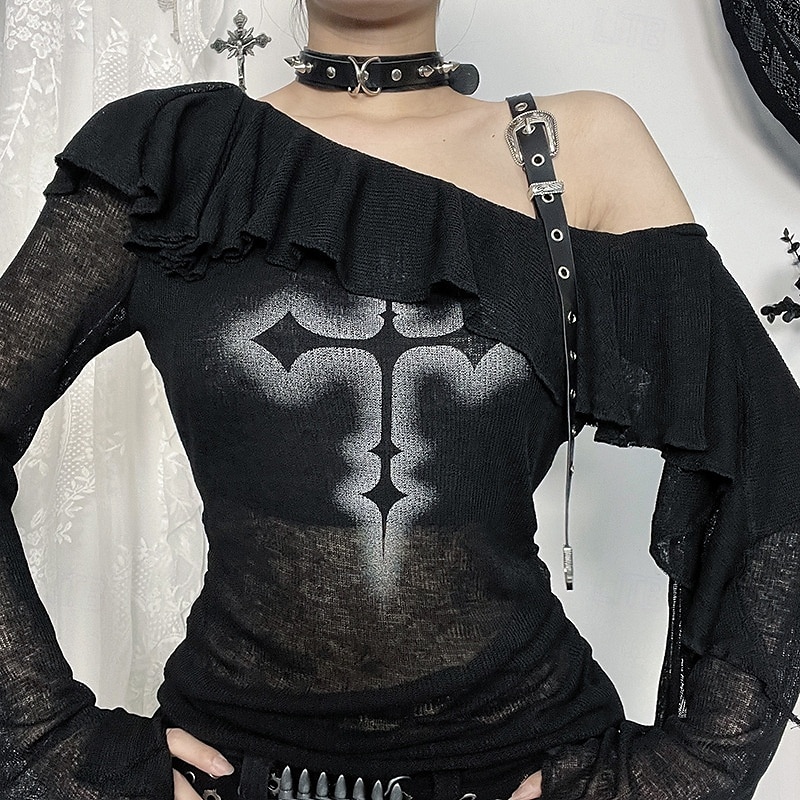 Punk & goottilainen Läpinäkyvä neulottu toppi Gootti tyttö Olkaimeton Risti Naamiaispuku Naisten Halloween Karnevaali Aikuisten Toppi 2025 - $29.99 –P6