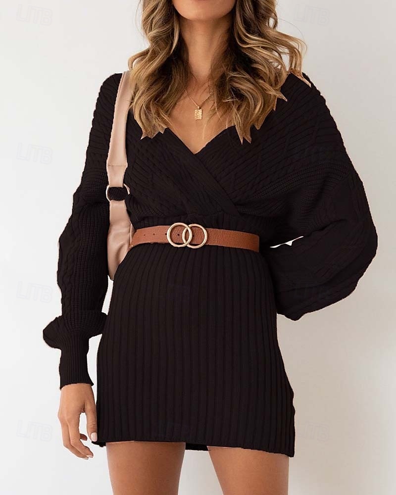 robe pull femme quotidien élégant couleur unie col en V col en V manches évêque manches longues hauts réguliers tricot formel extérieur noir rouge automne hiver de 2025 ? $39.99 –P5