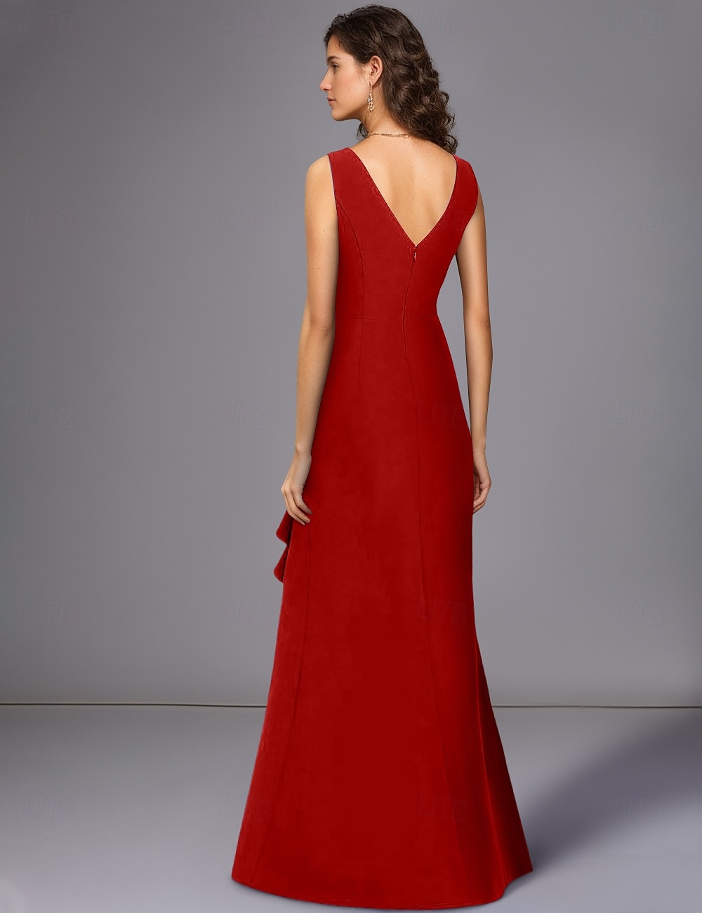 Piros Kék A-vonalú Estélyi Ruha Elegáns Ruha Tengerparti Esküvő Hivatalos Padló Hosszúságú Ujjatlan Ékköves Nyakú Stretch Crepe Ruffles-szal 2025 - $179.99 –P2