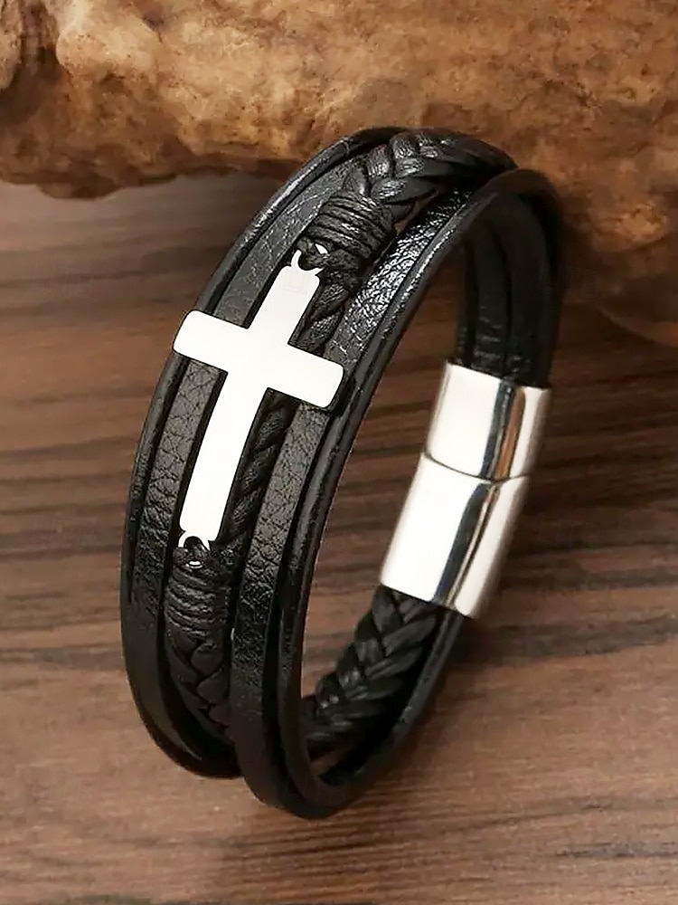 Schwarzes Lederarmband für Herren mit silbernem Kreuz – christliches religiöses Armband, verstellbarer Magnetverschluss 2025 - $11.99 –P1