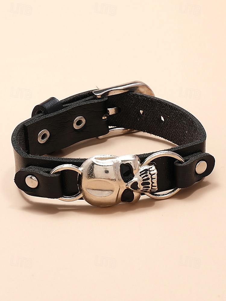 Men's Black Leather Bracelet with Silver Skull Charm – Gothic Punk Adjustable Wristband for Halloween and Biker Style 2025 - $9.99 –P3