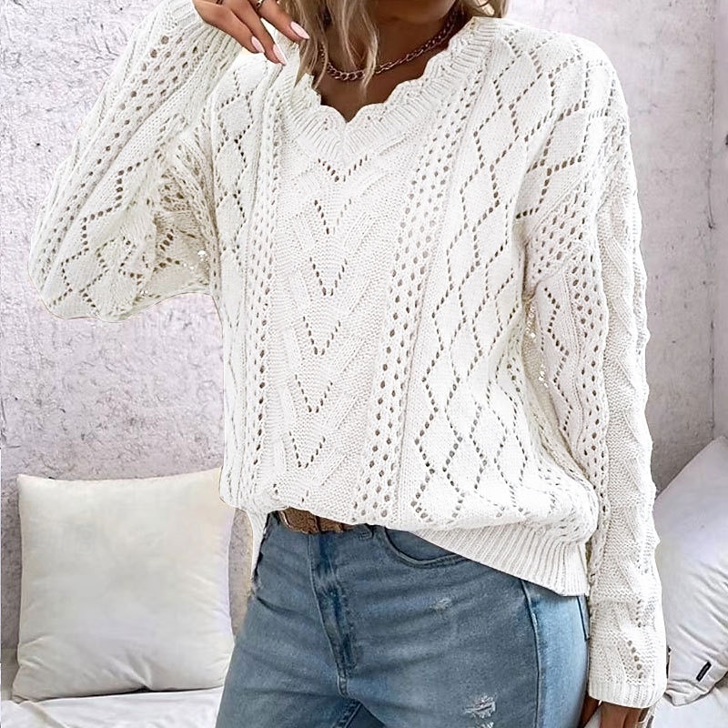 Dame Genser Pullover genser Fritid Geometrisk Heklet V-hals V-hals Langermet Vanlige topper Strikke utendørs Daglig Helg Hvit Kakifarget Høst Vinter 2025 - $35.99 –P5