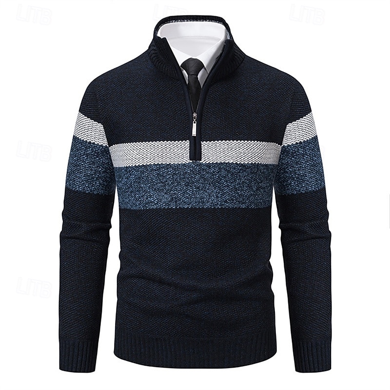 Men's Pullover Sweater Jumper Quarter Zip Sweaters Knit Sweater Ribbed Knit Regular Knitted Fleece Color Block Quarter Zip Fashion Basic Daily Wear Date Clothing Apparel Fall & Winter Navy Blue S M L 2025 - $35.99 –P3