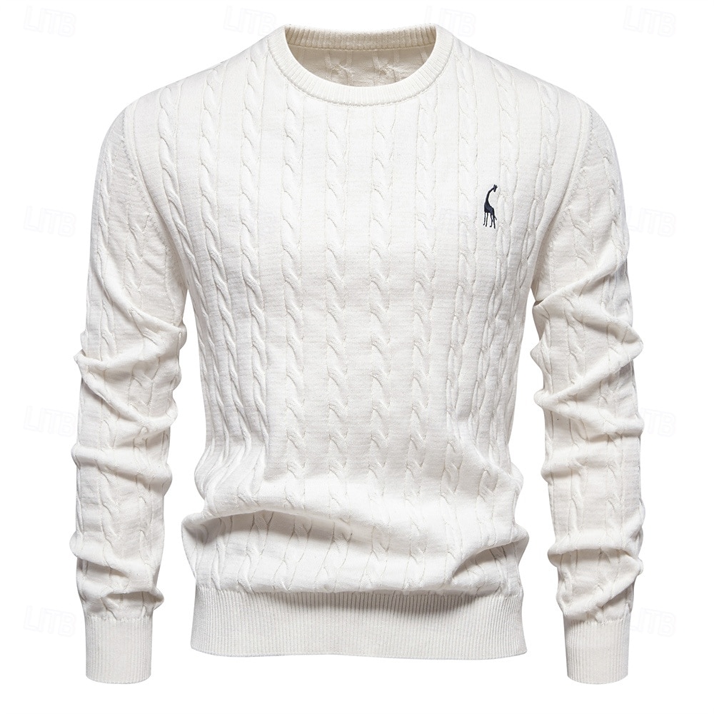 maglione da uomo in cotone con ricamo giraffa, girocollo, classico pullover lavorato a maglia con motivo a torsione per uomo del 2025 a $41.99 –P12