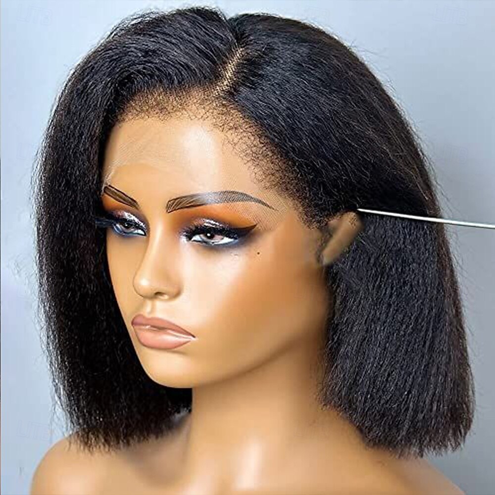 Perruque Cheveux Naturel Rémy 13x4 devant en dentelle Cheveux Brésiliens Bouclé Yaki Droite Noir Partie libre Avec queue de cheval perruques pour femmes noires Densité 180% avec des cheveux de béb de 2025 ? $239.79 –P1