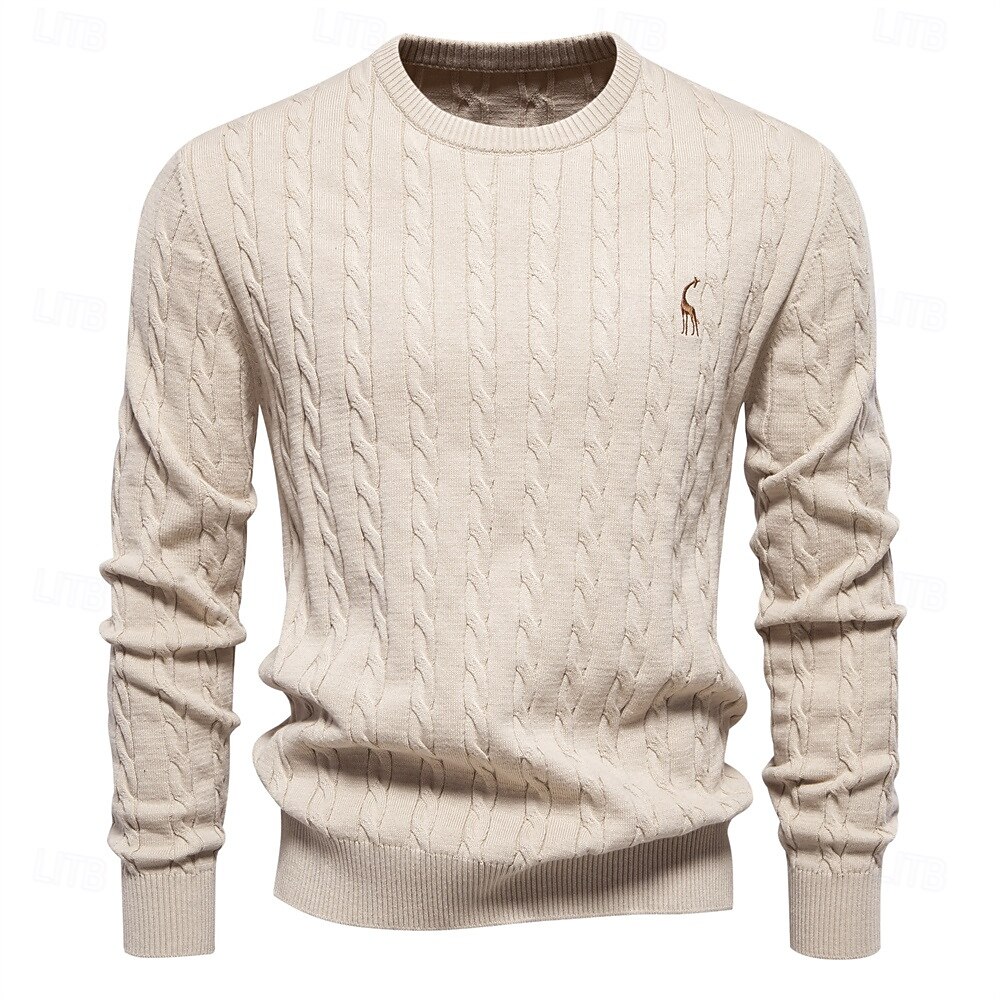 maglione da uomo in cotone con ricamo giraffa, girocollo, classico pullover lavorato a maglia con motivo a torsione per uomo del 2025 a $41.99 –P14