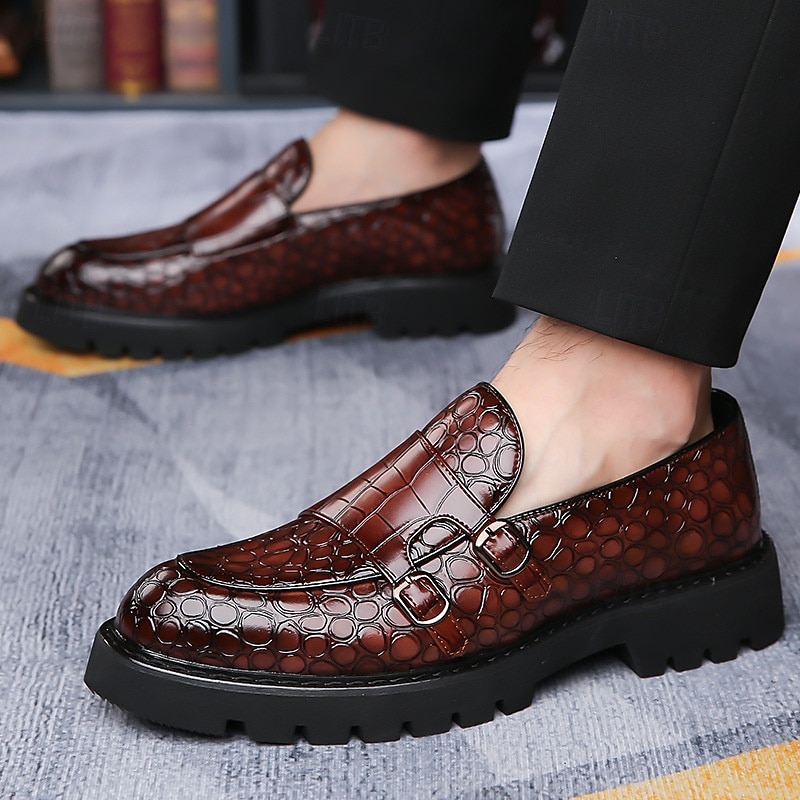 Mocassins en similicuir marron à motif crocodile pour hommes avec double boucle et semelle robuste – chaussures habillées haut de gamme pour les occasions formelles et décontractées de 2025 ? $54.99 –P2