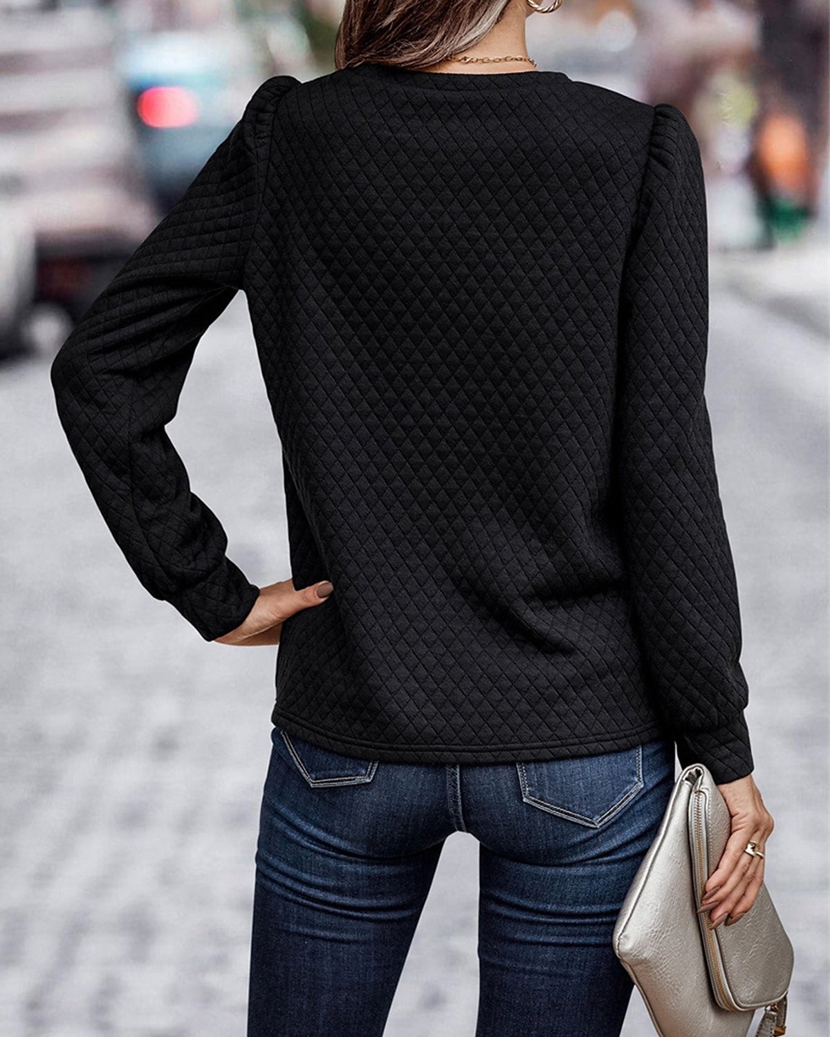 damskjorta texturerad sweatshirt våffeltröja enfärgad business modern långärmad rund hals normalstor toppar arbets svart marinblå brun beige höst vinter 2025 - $29.99 –P5