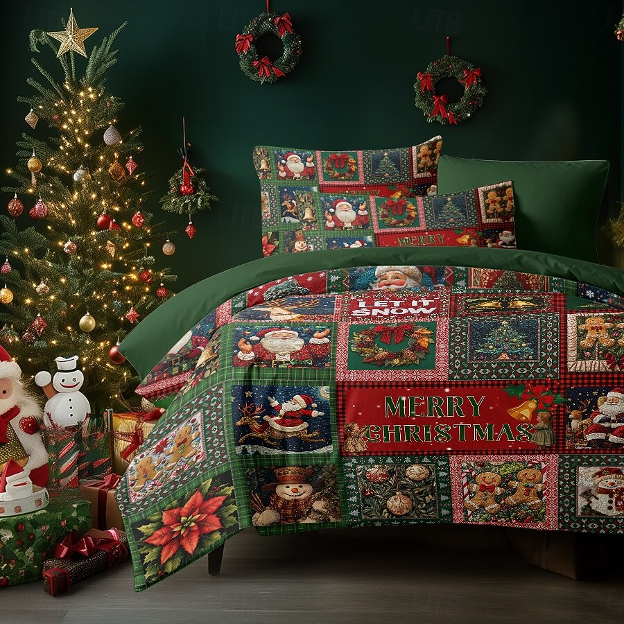 conjunto de capa de edredom de natal estilo vintage patchwork design conjunto de edredom de natal completo inclui capa de edredom e fronhas perfeito para adicionar alegria sazonal e conforto à decoração do seu quarto de 2025 por $69.99 –P6