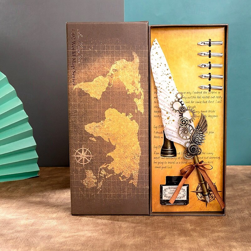 1 Set Geschenkbox, Federkiel, Kalligraphie-Stift und Tintenschreiber-Set, antikes Schreiben, Quilt-Tintenfeder, mechanisches Getriebe, Steampunk-Federkiel zum Zeichnen, Signieren und für 2025 - $28.99 –P3