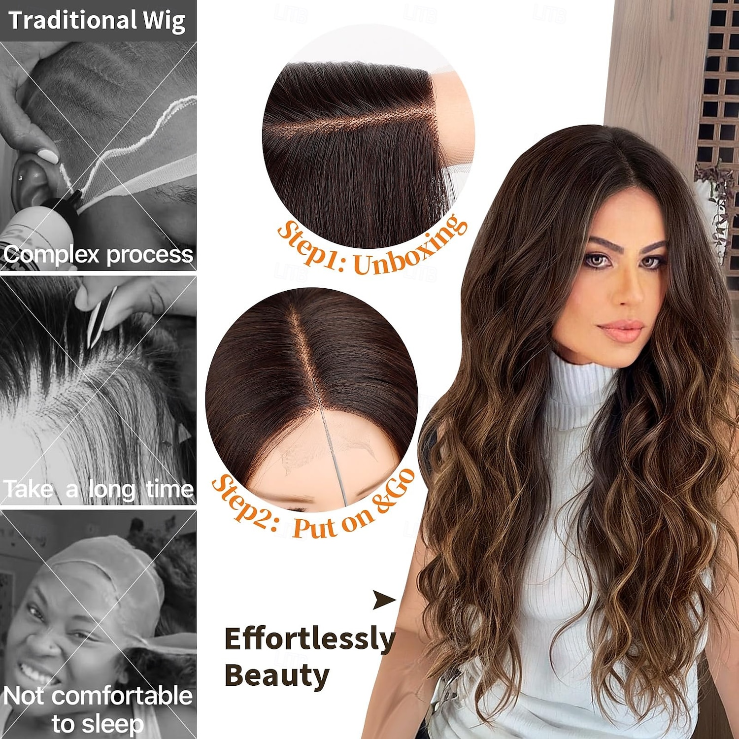 parrucca lunga castana ondulata con mèches, parte centrale, parrucche ricce, parrucche in pizzo con attaccatura dei capelli per donna, parrucche sintetiche resistenti al calore, castane ombré per uso del 2025 a $24.99 –P4