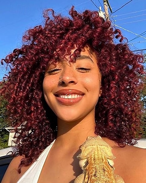 parrucche afro ricce con frangia per donne nere parrucca sintetica riccia crespa resistente al calore per feste quotidiane del 2025 a $18.99 –P4