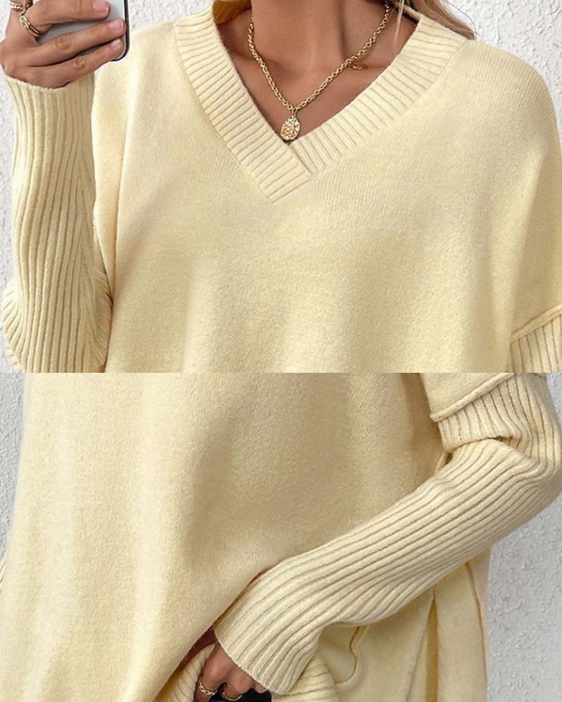 Femme Pull Chandail Elégant Mode du quotidien Couleur unie Col V Tricoté manche longue Hauts longs Tricoter Travail Noir Jaune Automne Hiver de 2025 ? $37.99 –P3