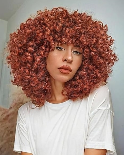 parrucche afro ricce con frangia per donne nere parrucca sintetica riccia crespa resistente al calore per feste quotidiane del 2025 a $18.99 –P2