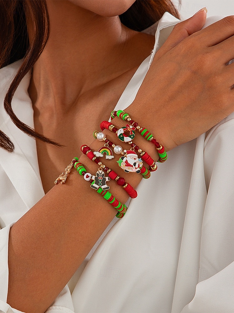 Χριστουγεννιάτικο σετ βραχιολιών με χάντρες γούρι – εορταστικά κόκκινα, πράσινα και λευκά στοιβαγμένα βραχιόλια με γούρια Άγιου Βασίλη, δέντρου και δώρων – ιδανικό για τη μόδα και τα δώρα των γιορτών 2025 - $11.99 –P1