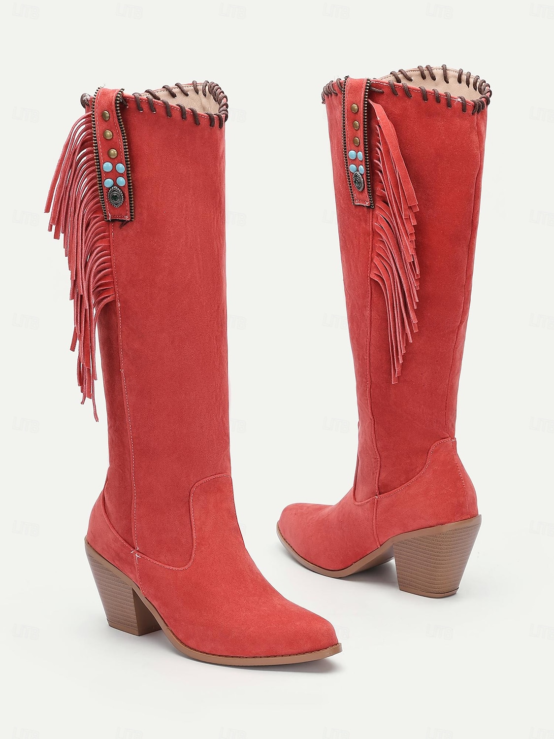 dámské retro třásňové semišové kozačky ve westernovém stylu - hnědé kozačky na podpatku do půl lýtek pro ležérní a boho outfity 2025 - $59.99 –P4