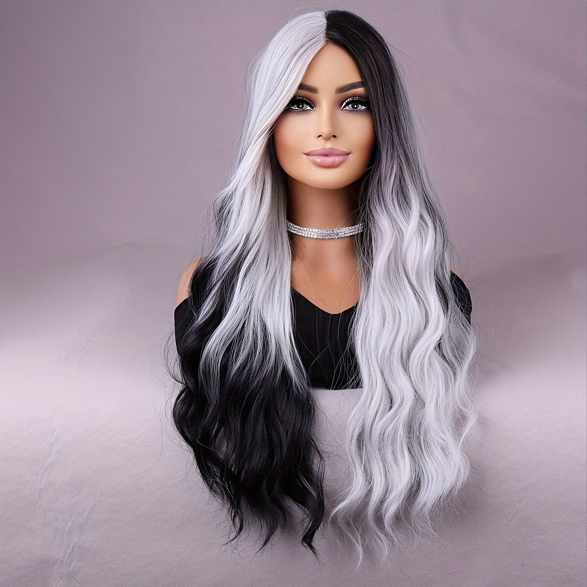 lunga parrucca doppia nera e bianca una parrucca bianca con capelli sintetici resistenti al calore nella parte centrale di una parrucca da festa cosplay del 2025 a $20.99 –P2