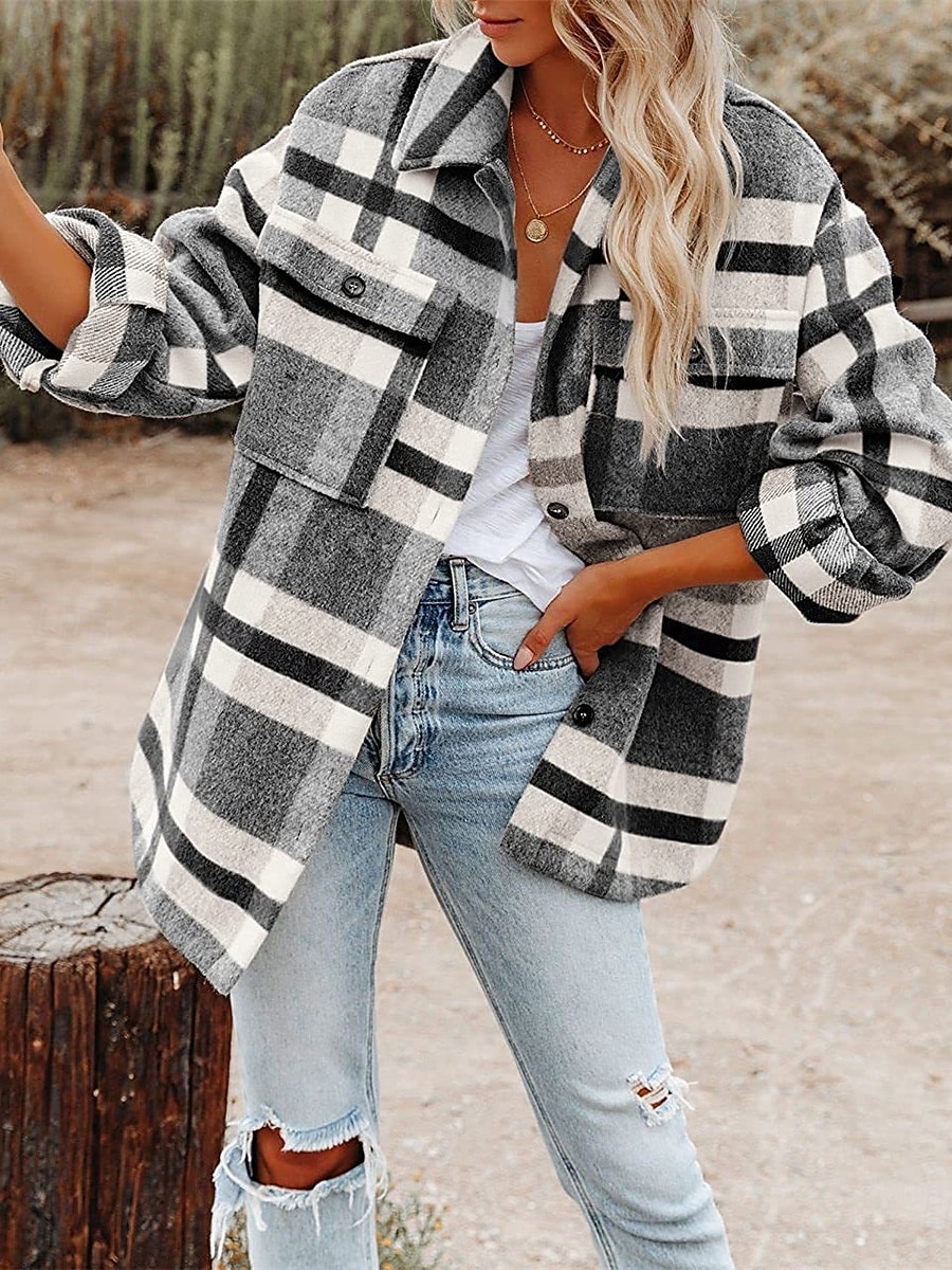 Women's Shirt Jacket Shacket Warm Breathable Buttons Pocket Print Casual Plaid Vacation Street Daily Wear Going out Single Breasted Regular Turndown Regular Fit Long Sleeve Outerwear Black Khaki 2025 - $47.99 –P4