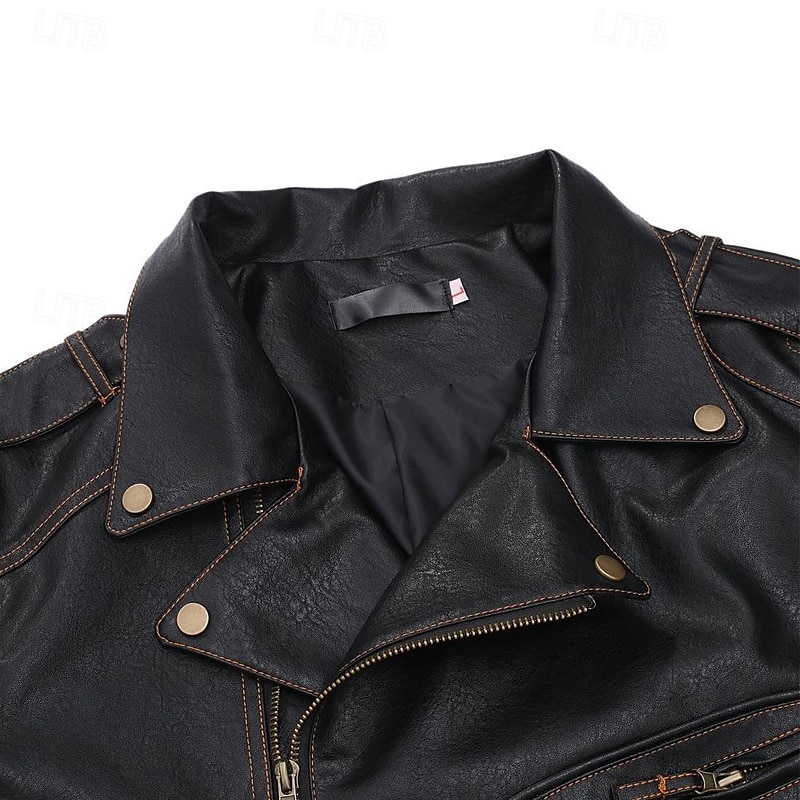 Herren Kunstlederjacke Bikerjacke Vintage Lederjacke Straße Motorrad Thermowarm Tasche Frühling & Herbst Einfarbig Streetwear Lässig Umlegekragen Regulär Kunstleder Schwarz Braun Jacken 2026 - $91.99 –P6