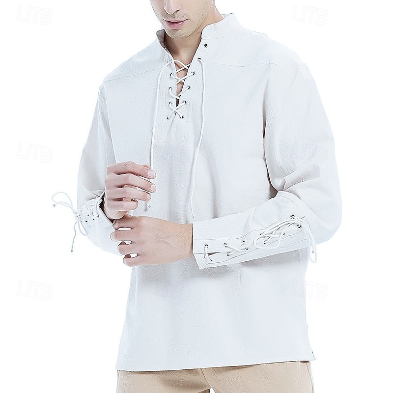 Men's Shirt Linen Shirt Popover Shirt Casual Shirt Cotton Shirt Plain Streetwear Vacation White Wine Navy Blue Brown Long Sleeve Stand Collar Spring &  Fall Clothing Apparel Lace up 2026 - $28.99 –P1