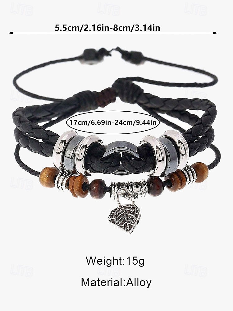 Men's Vintage Faux Leather Charm Bracelets with Wooden Beads and Silver Leaf Pendants - Bohemian Handmade Wristbands for Casual Wear 2025 - $8.99 –P5