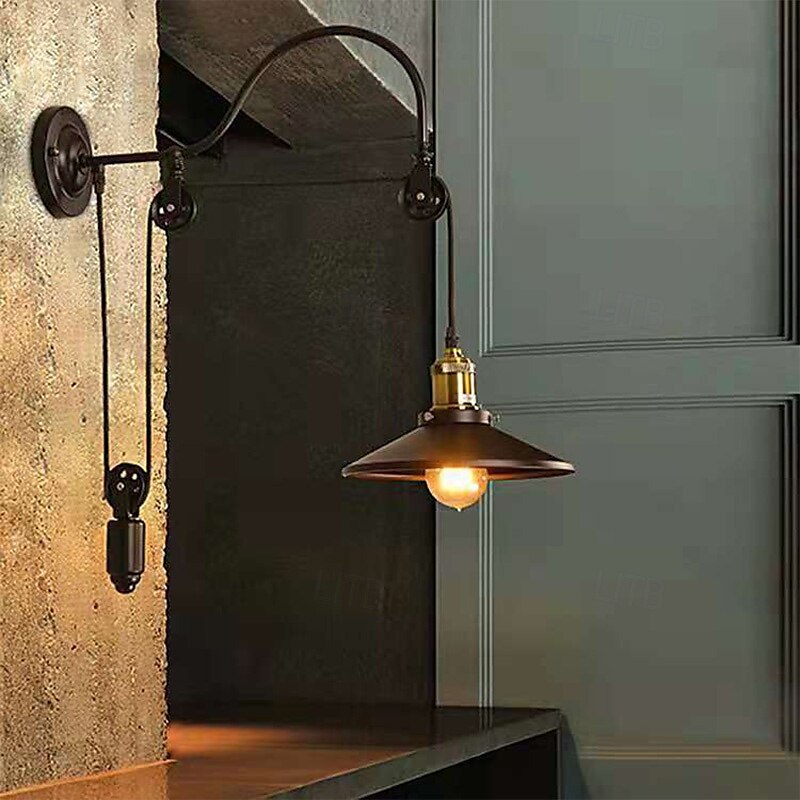 lampa ścienna retro vintage lampa ścienna płaska lampa montowana na ścianie industrialny styl czarny metalik regulowana lampa ścienna z konstrukcją koła pasowego 110-240 V 2025 - $79.99 –P7