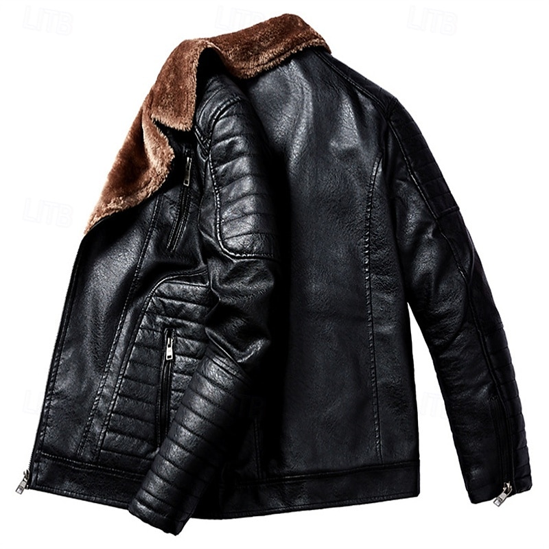 Herr Imitationsläderjacka Fleece-jacka Bikerjacka Motorcykeljacka Dagligen Semester Vindtät Håller värmen Ficka Höst vinter Slät Mode Klassisk Kavajslag Normal Svart Rubinrött Brun Kaffe Jacka 2025 - $86.99 –P7
