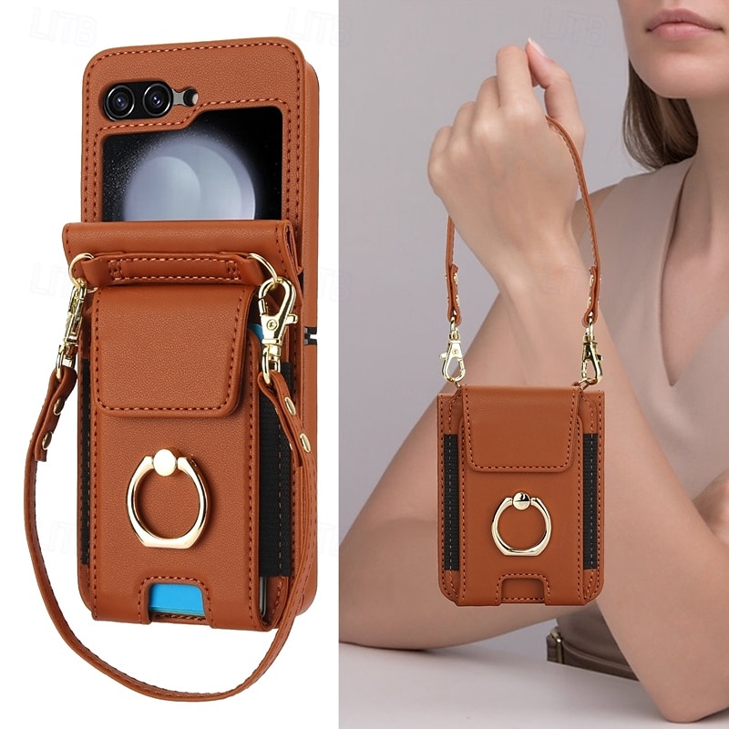 Phone Case For Samsung Galaxy Z Flip 7 Z Flip 6 Z Flip 5 Z Flip 4 Z Flip 3 Back Cover Ring Holder with Lanyard with Wrist Strap Retro TPU PU Leather 2025 - $29.99 –P15
