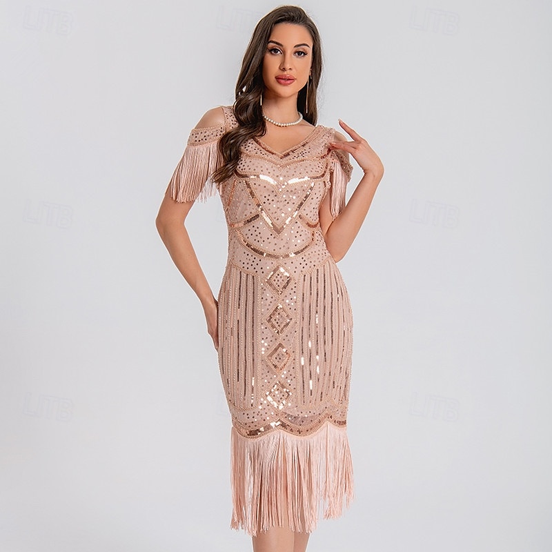 1920-as évek Vintage-inspirált Rövid hosszú Flapper ruha Jelmez Bulikra A nagy Gatsby Esküvői Vendég Flitter Flitter Rojt V-alakú Női Karácsony Mindszentek napja Újév Alkalmi / Napi Party / koktél 2025 - $46.99 –P4