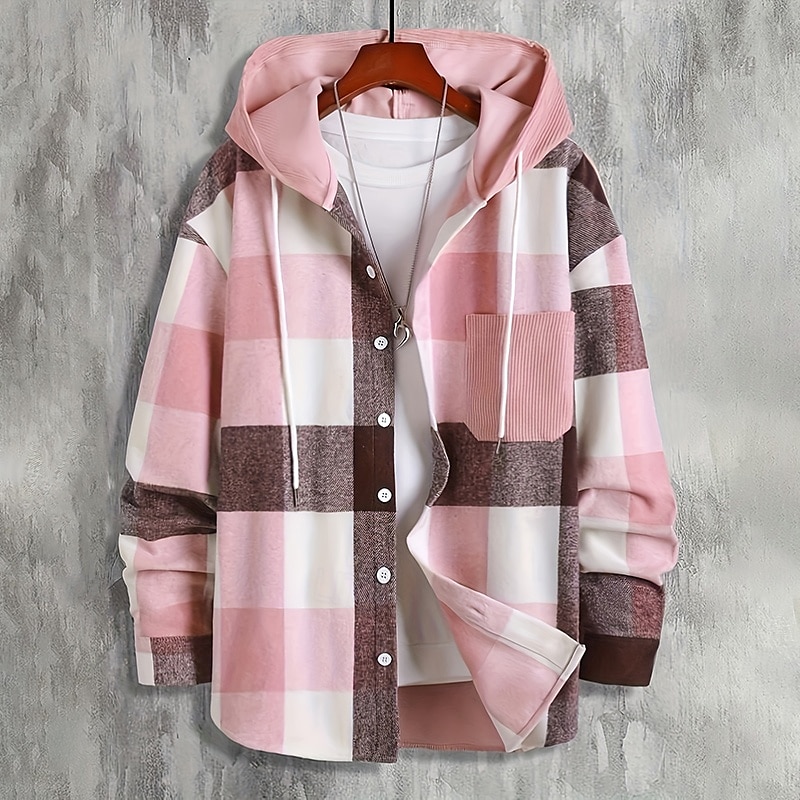 Men's Shirt Flannel Shirt Overshirt Plaid Outdoor Street Black Pink Navy Blue Brown Long Sleeve Hooded Winter Spring &  Fall Clothing Apparel 2025 - $28.99 –P6