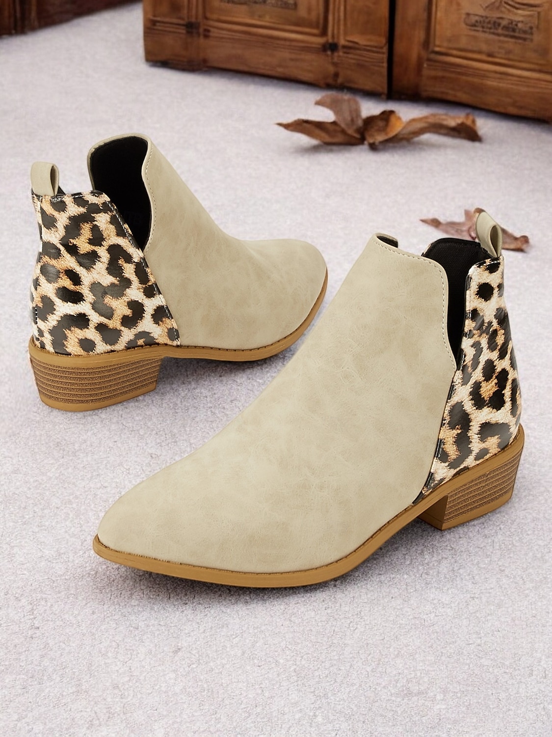 Beige Damen Stiefeletten mit Leopardenmuster und niedrigem Blockabsatz – trendige Booties mit seitlichem Reißverschluss für Freizeit und Alltag 2025 - $34.99 –P2