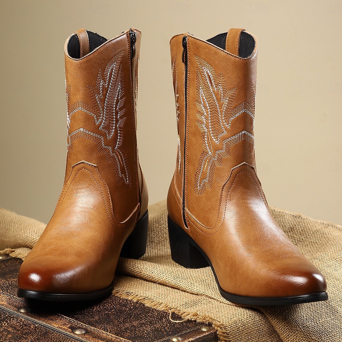 miesten länsimaiset cowboy-saappaat – vintage-tyylinen ruskea tekonahka brodeeratulla designilla, ihanteellinen arki- ja ulkokäyttöön 2025 - $59.99 -P2