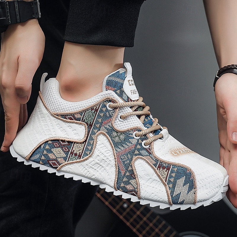 Men's White Athletic Sneakers with Tribal Print and Mesh Upper – Lightweight Running Shoes for Sports and Casual Wear 2025 - $42.99 –P2