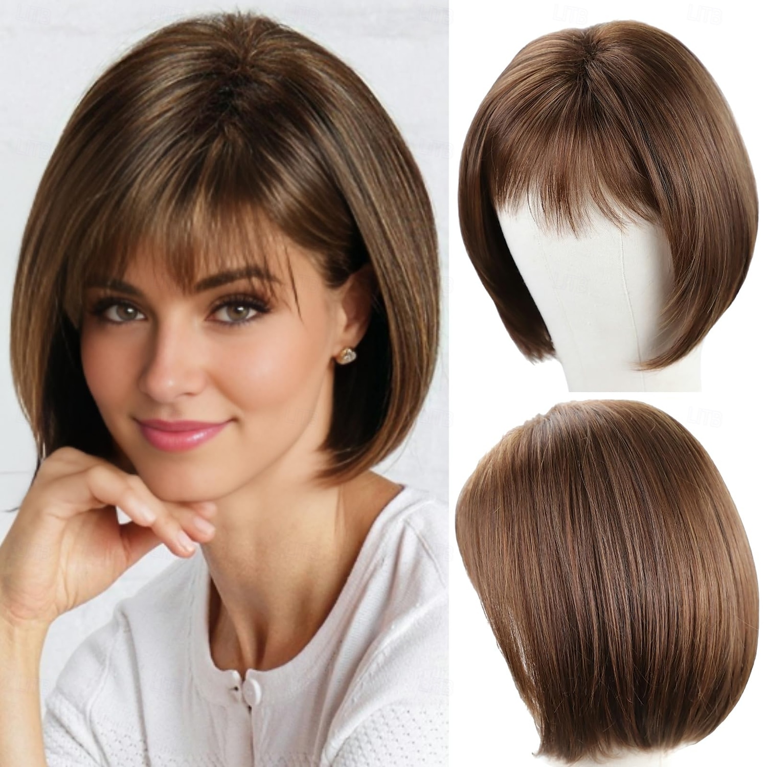 Pelucas bob cortas de color marrón para mujeres, peluca sintética de color marrón mezclado con rubio con flequillo, peluca de fiesta diaria de aspecto natural 2026 - $19.99 –P1