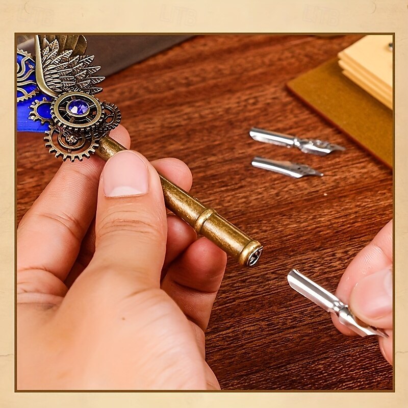 1 Set Geschenkbox, Federkiel, Kalligraphie-Stift und Tintenschreiber-Set, antikes Schreiben, Quilt-Tintenfeder, mechanisches Getriebe, Steampunk-Federkiel zum Zeichnen, Signieren und für 2025 - $28.99 –P18