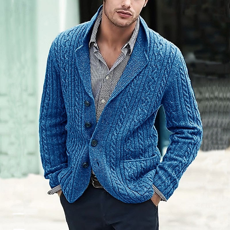 Men's Cardigan Sweater Knit Sweater Cable Knit Regular Button Up Side Pockets Solid Color Lapel Fashion Classic Daily Wear Date Clothing Apparel Fall & Winter Black Blue M L XL 2025 - $41.99 –P2