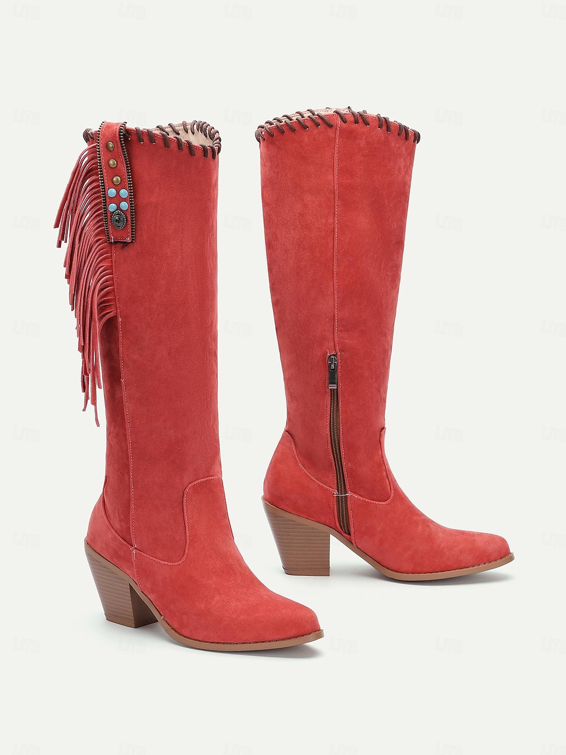 dámské retro třásňové semišové kozačky ve westernovém stylu - hnědé kozačky na podpatku do půl lýtek pro ležérní a boho outfity 2025 - $59.99 –P3