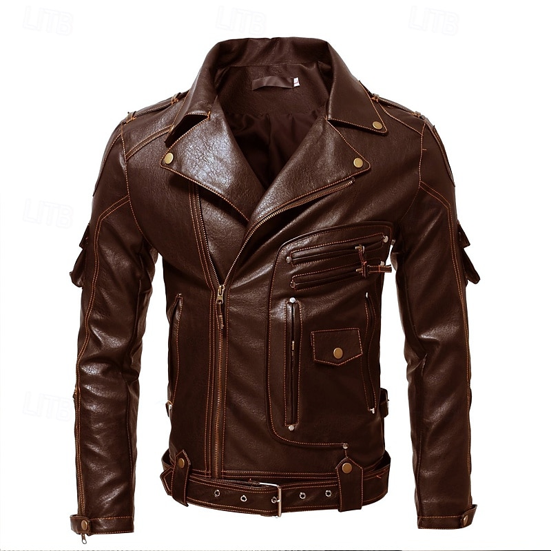 Herren Kunstlederjacke Bikerjacke Vintage Lederjacke Straße Motorrad Thermowarm Tasche Frühling & Herbst Einfarbig Streetwear Lässig Umlegekragen Regulär Kunstleder Schwarz Braun Jacken 2026 - $91.99 –P5