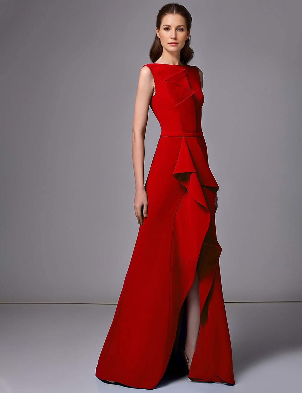 Piros Kék A-vonalú Estélyi Ruha Elegáns Ruha Tengerparti Esküvő Hivatalos Padló Hosszúságú Ujjatlan Ékköves Nyakú Stretch Crepe Ruffles-szal 2025 - $179.99 –P1
