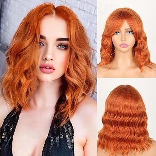peruca curta ondulada bob com franja cortina, peruca curta ondulada com raízes escuras perucas bob para mulheres peruca bob ondulada de aparência natural com franja de 2025 por $18.99 –P5