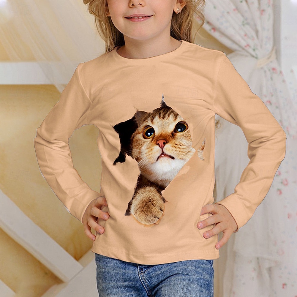 Flickor 3D Grafisk Djur T-shirt Långärmad Vår Höst Mode Grundläggande Barn 4-12 år Rund hals Utomhus Ledigt Dagligen Normal 2025 - $13.99 –P5