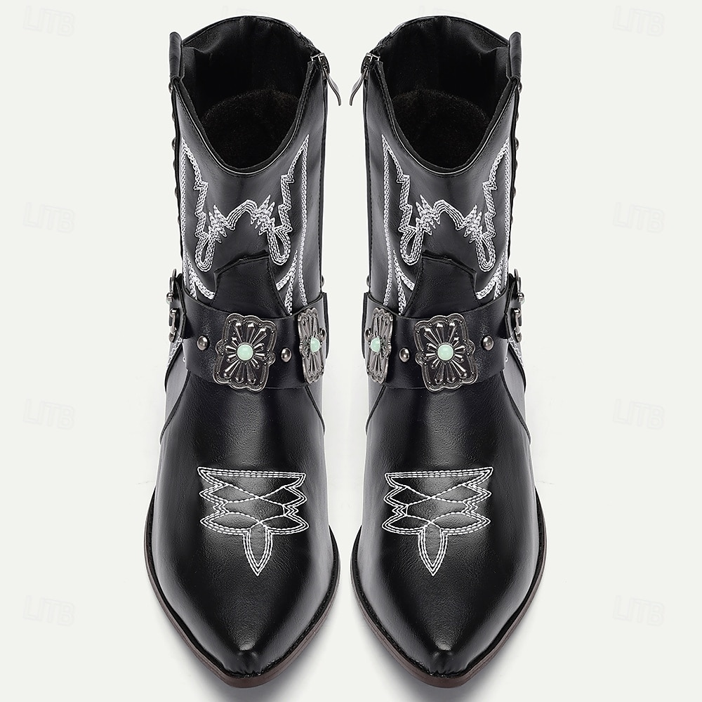 férfi western cowboy csizma díszített csatos pántokkal és szegecses dizájnnal - vintage stílusú műbőr bokacsizma rodeó és hétköznapi viselethez 2025 - $84.99 –P9