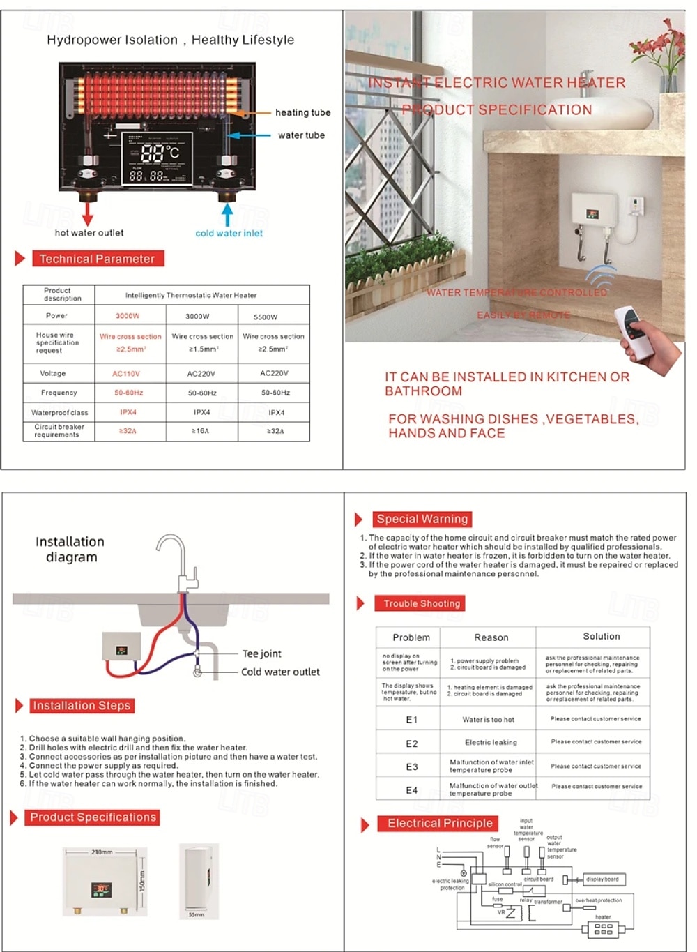 Průtokový ohřívač vody 110v/220v 3000w nástěnné elektrické ohřívače pro koupelnové teplovodní sprchy a vytápění domácí kuchyně bílá 2025 - $71.99 –P3