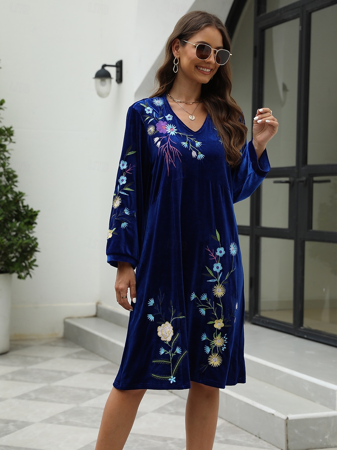robe décontractée pour femme robe midi brodée avec manche saint valentin travail rendez-vous élégant basique col en V manches longues manche évêque couleur bleue de 2025 ? $36.99 –P3